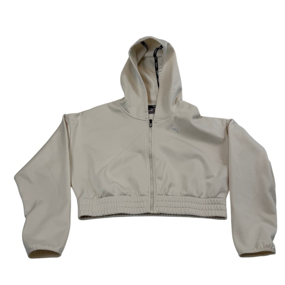 Puma Train Cream Cropped Full Zip Hoodie Elastic Hem Logo Back Women's Large‎